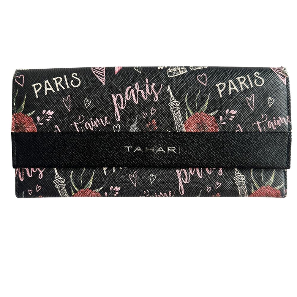 Tahari Black Paris Print Envelope-Style Wallet Womens Eiffel Tower Floral